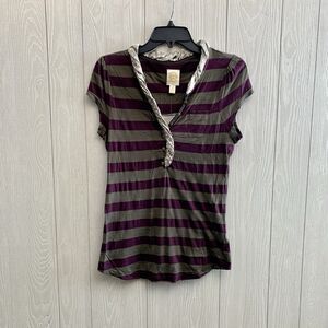 Ric Rac Anthropologie Purple Stripe Short Sleeve Top V-Neck Small NWT